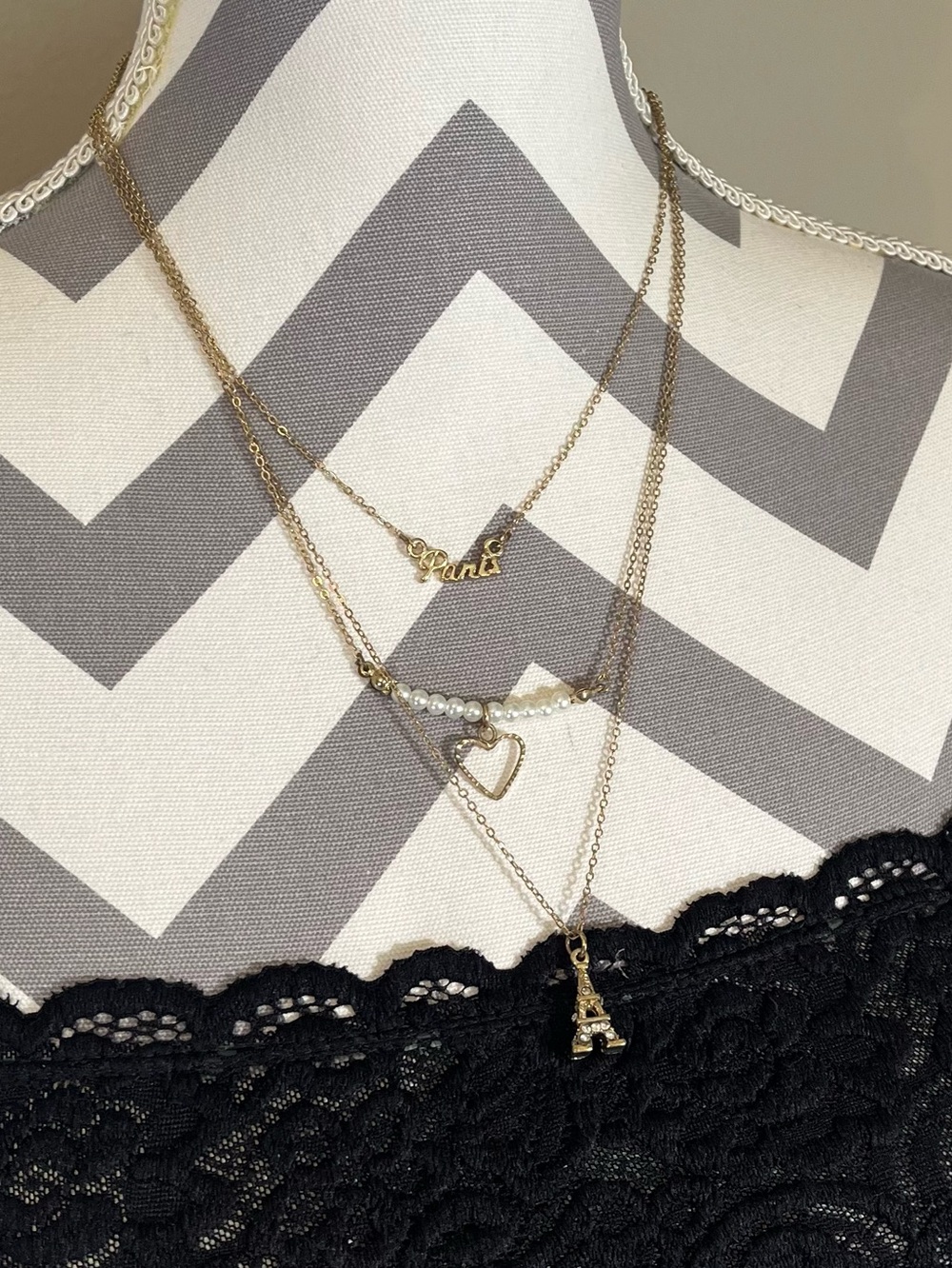 3 Layered Gold Paris Heart Pearl Beads & Eiffel Tower Sparkle Necklace Set